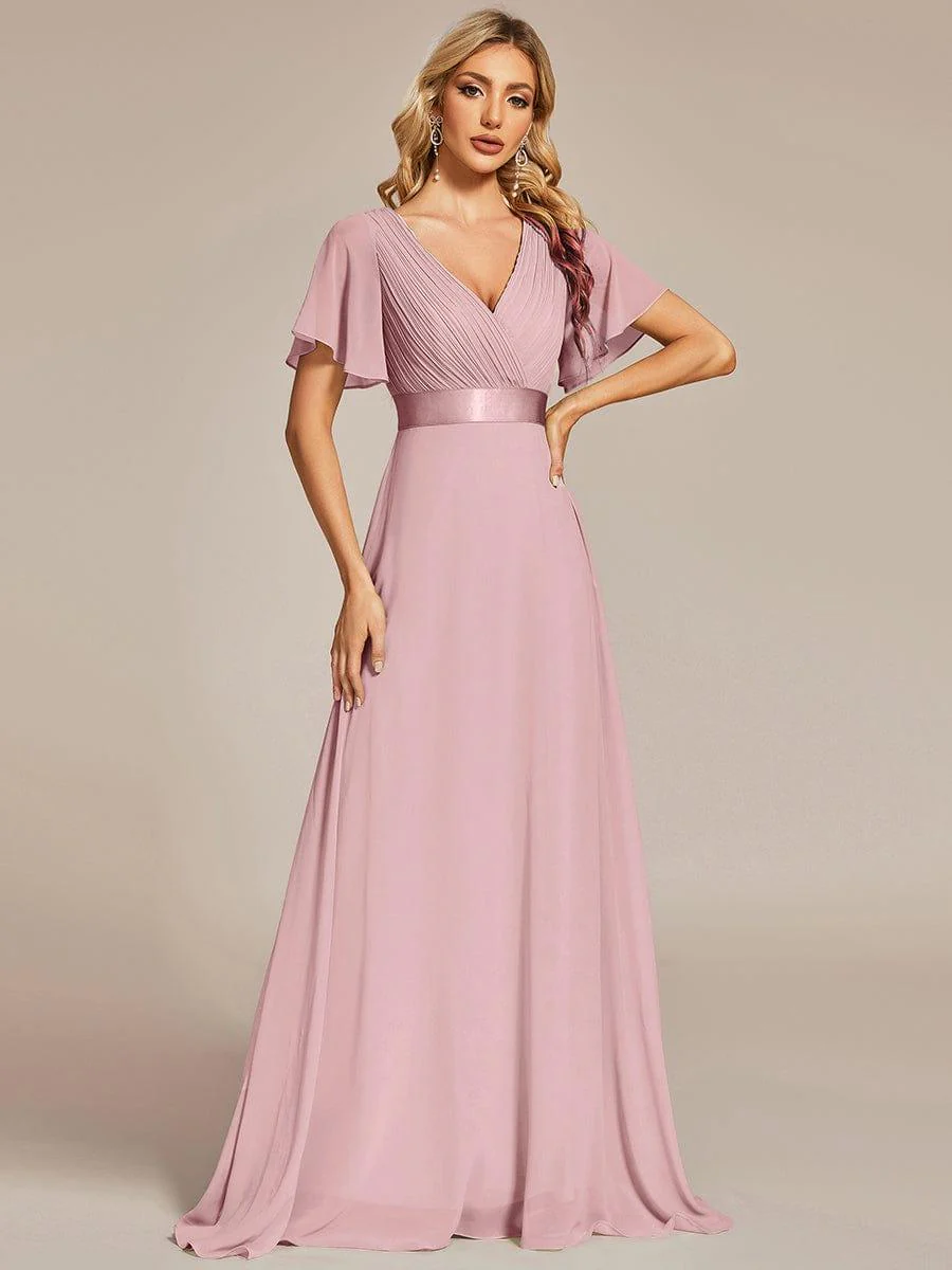 ever MONICA|Long Empire Waist Bridesmaid Dress with Short Flutter Sleeves - Image 127