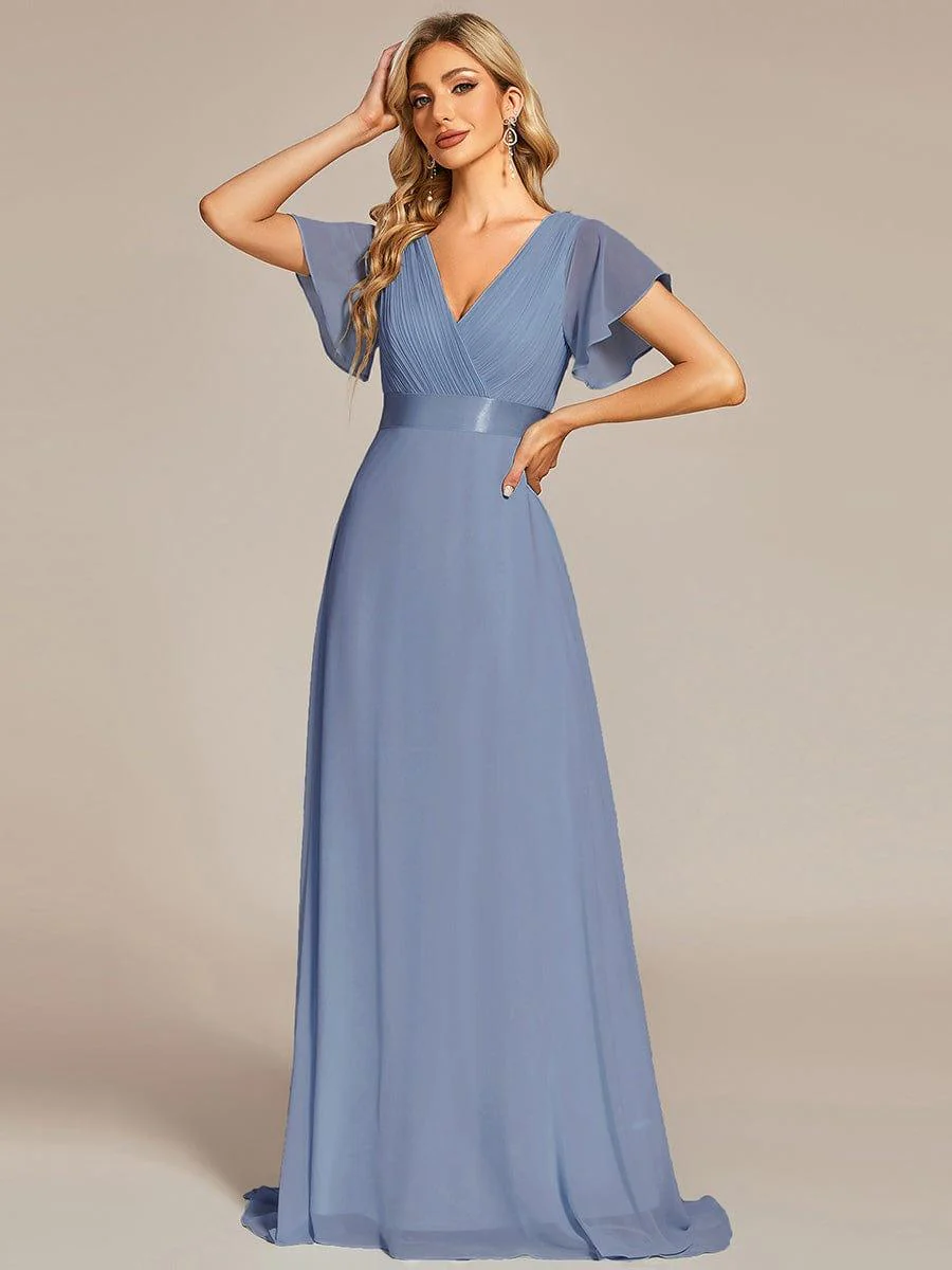 ever MONICA|Long Empire Waist Bridesmaid Dress with Short Flutter Sleeves - Image 136