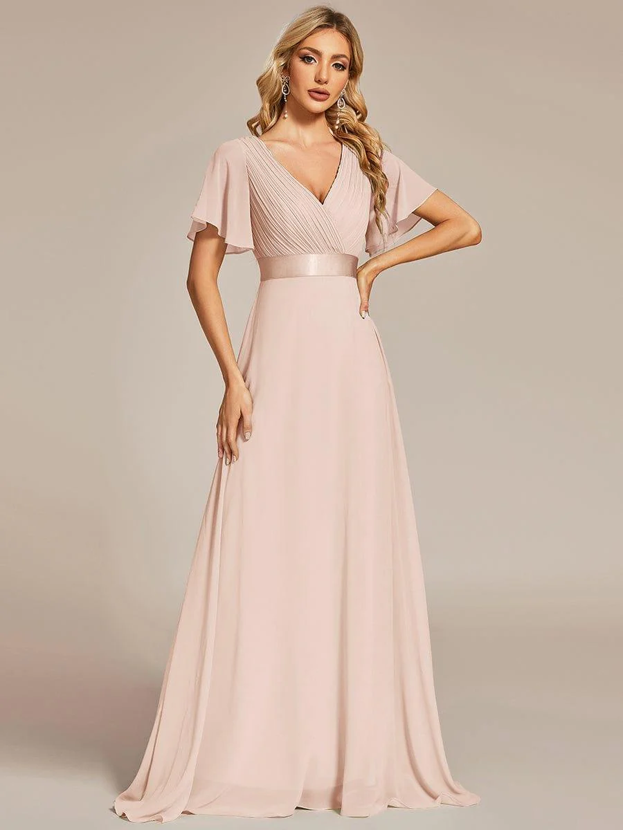 ever MONICA|Long Empire Waist Bridesmaid Dress with Short Flutter Sleeves - Image 148