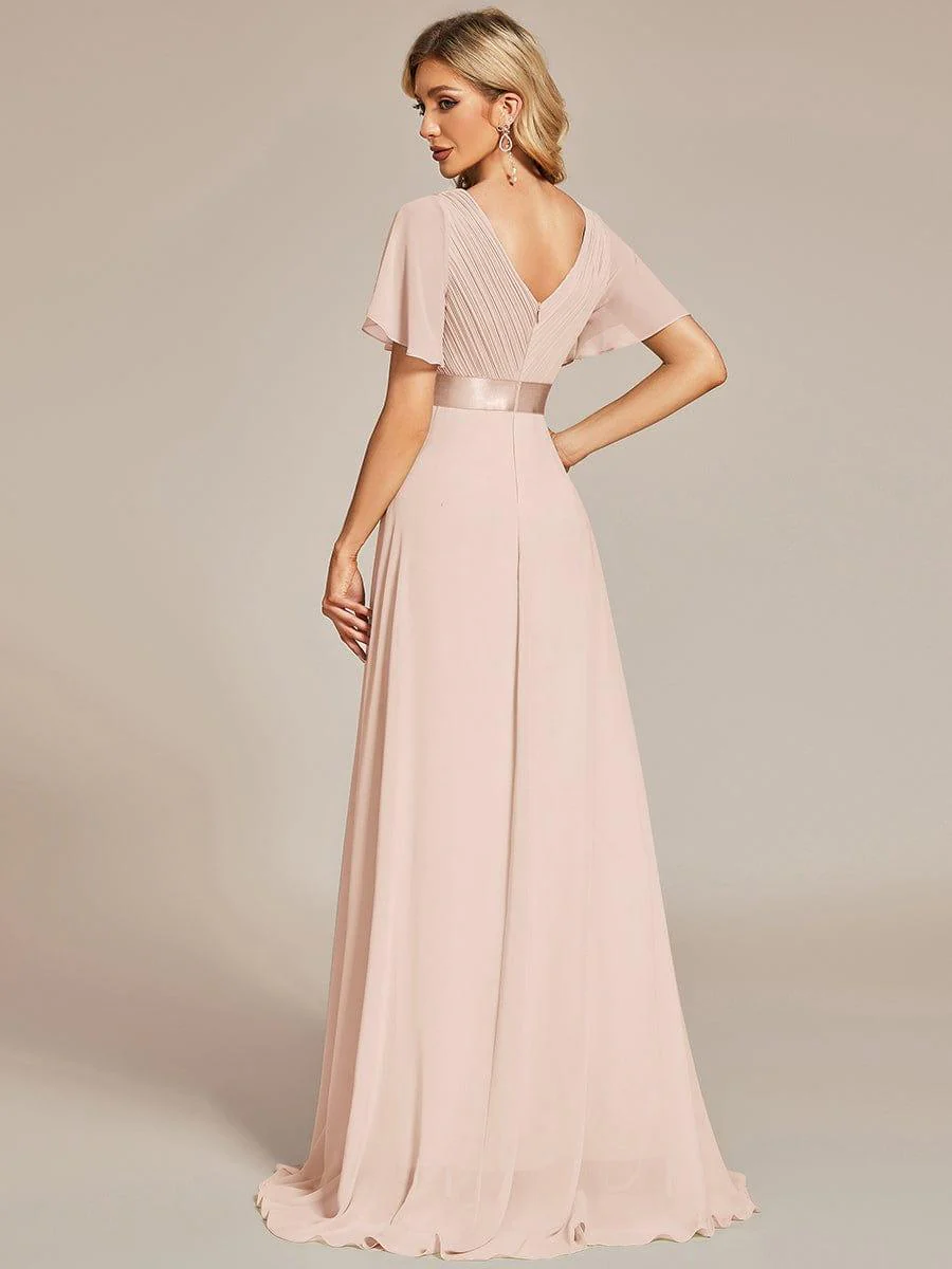 ever MONICA|Long Empire Waist Bridesmaid Dress with Short Flutter Sleeves - Image 149