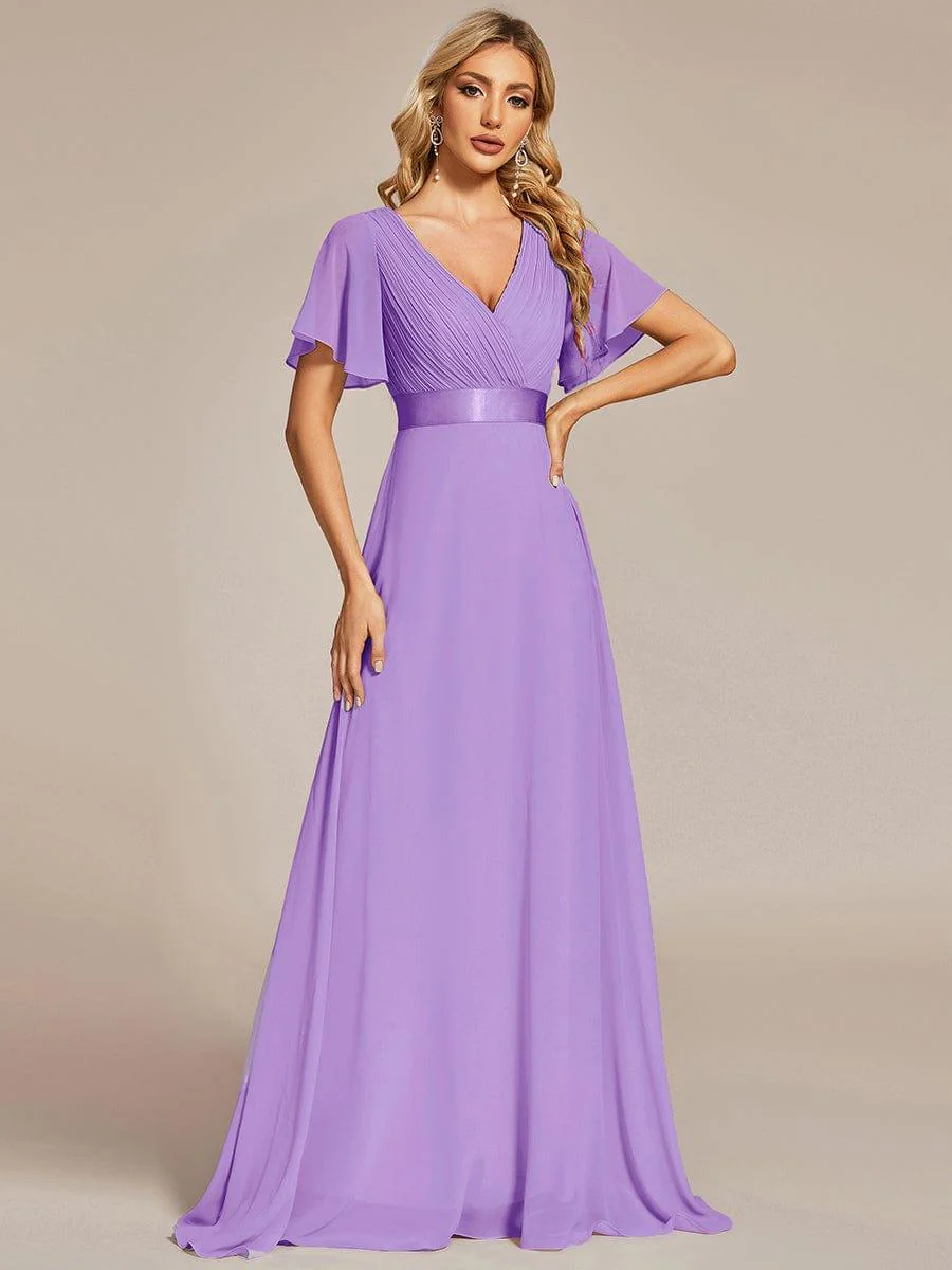 ever MONICA|Long Empire Waist Bridesmaid Dress with Short Flutter Sleeves - Image 156