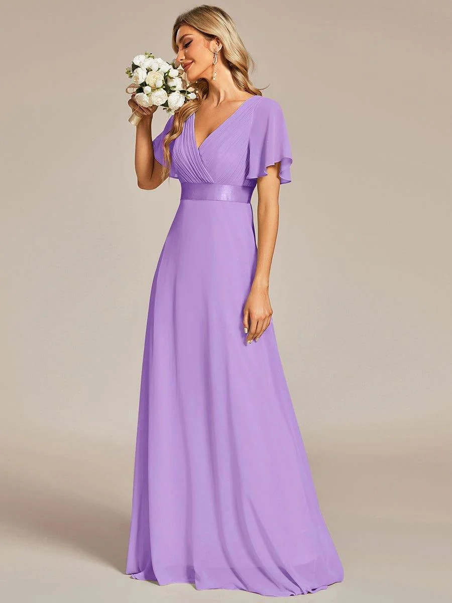 ever MONICA|Long Empire Waist Bridesmaid Dress with Short Flutter Sleeves - Image 159