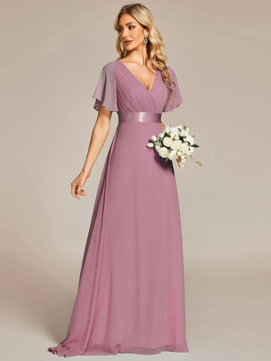 ever MONICA|Long Empire Waist Bridesmaid Dress with Short Flutter Sleeves - Image 178