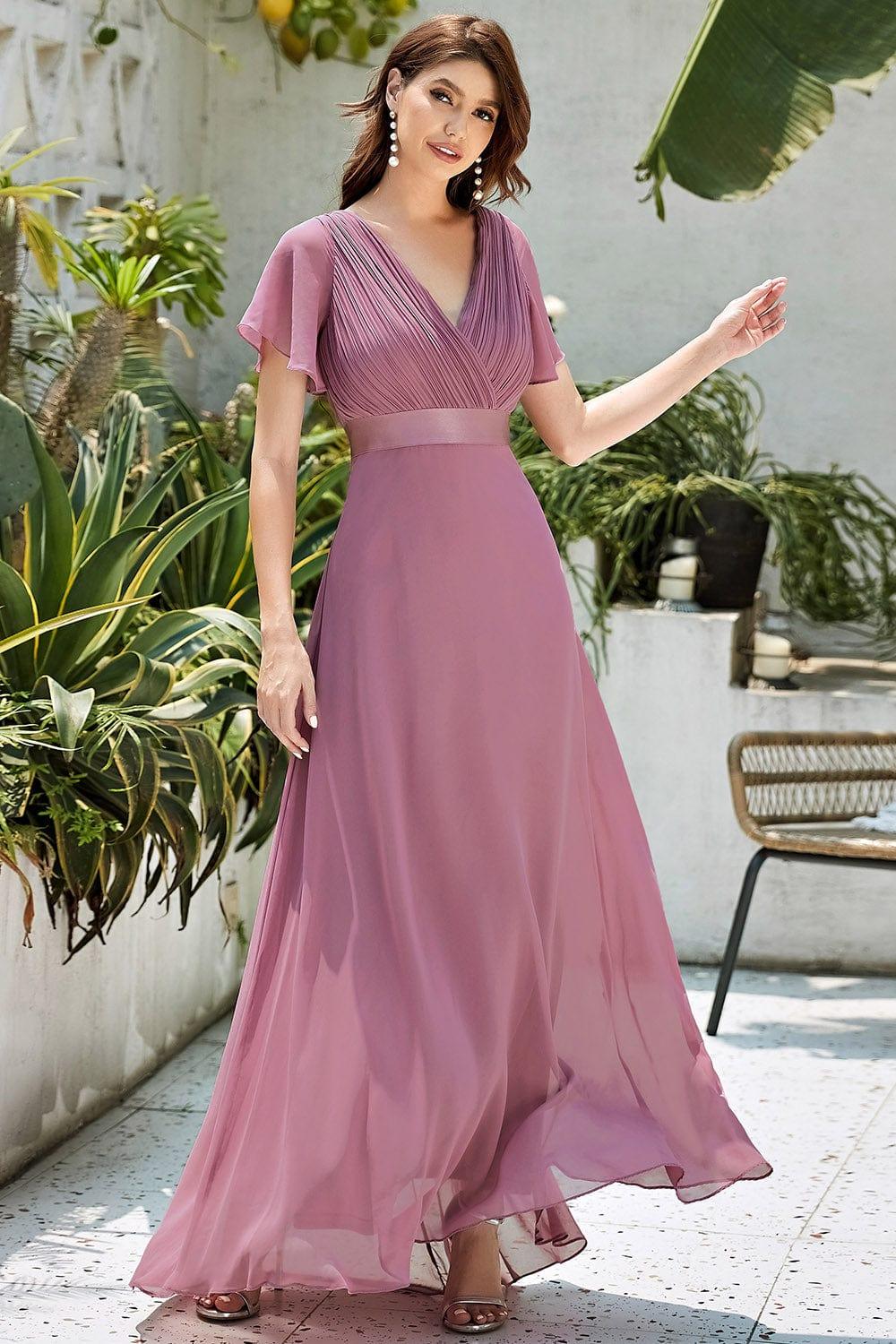 ever MONICA|Long Empire Waist Bridesmaid Dress with Short Flutter Sleeves - Image 181