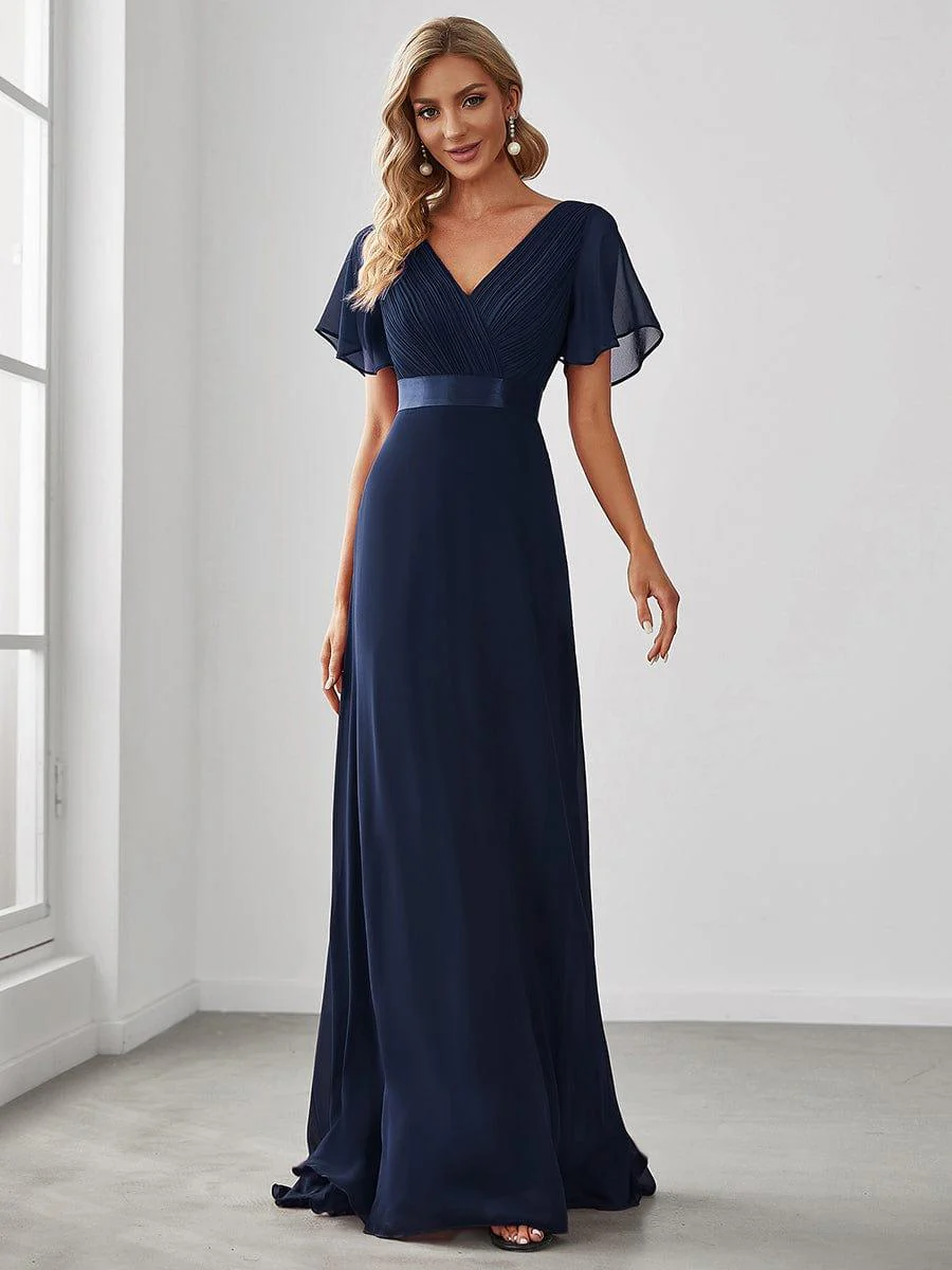 ever MONICA|Long Empire Waist Bridesmaid Dress with Short Flutter Sleeves - Image 37