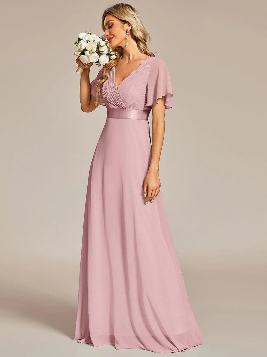 ever MONICA|Long Empire Waist Bridesmaid Dress with Short Flutter Sleeves - Image 4