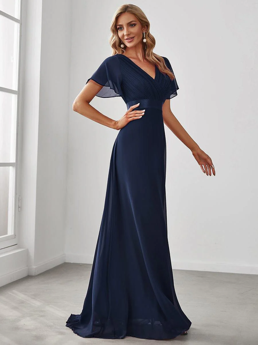ever MONICA|Long Empire Waist Bridesmaid Dress with Short Flutter Sleeves - Image 40