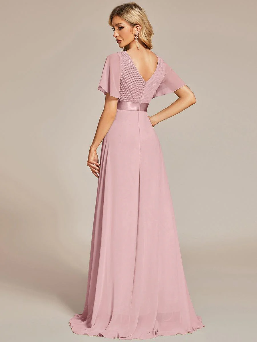 ever MONICA|Long Empire Waist Bridesmaid Dress with Short Flutter Sleeves - Image 5