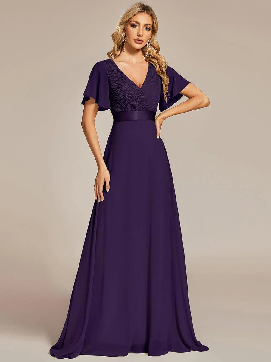 ever MONICA|Long Empire Waist Bridesmaid Dress with Short Flutter Sleeves - Image 57