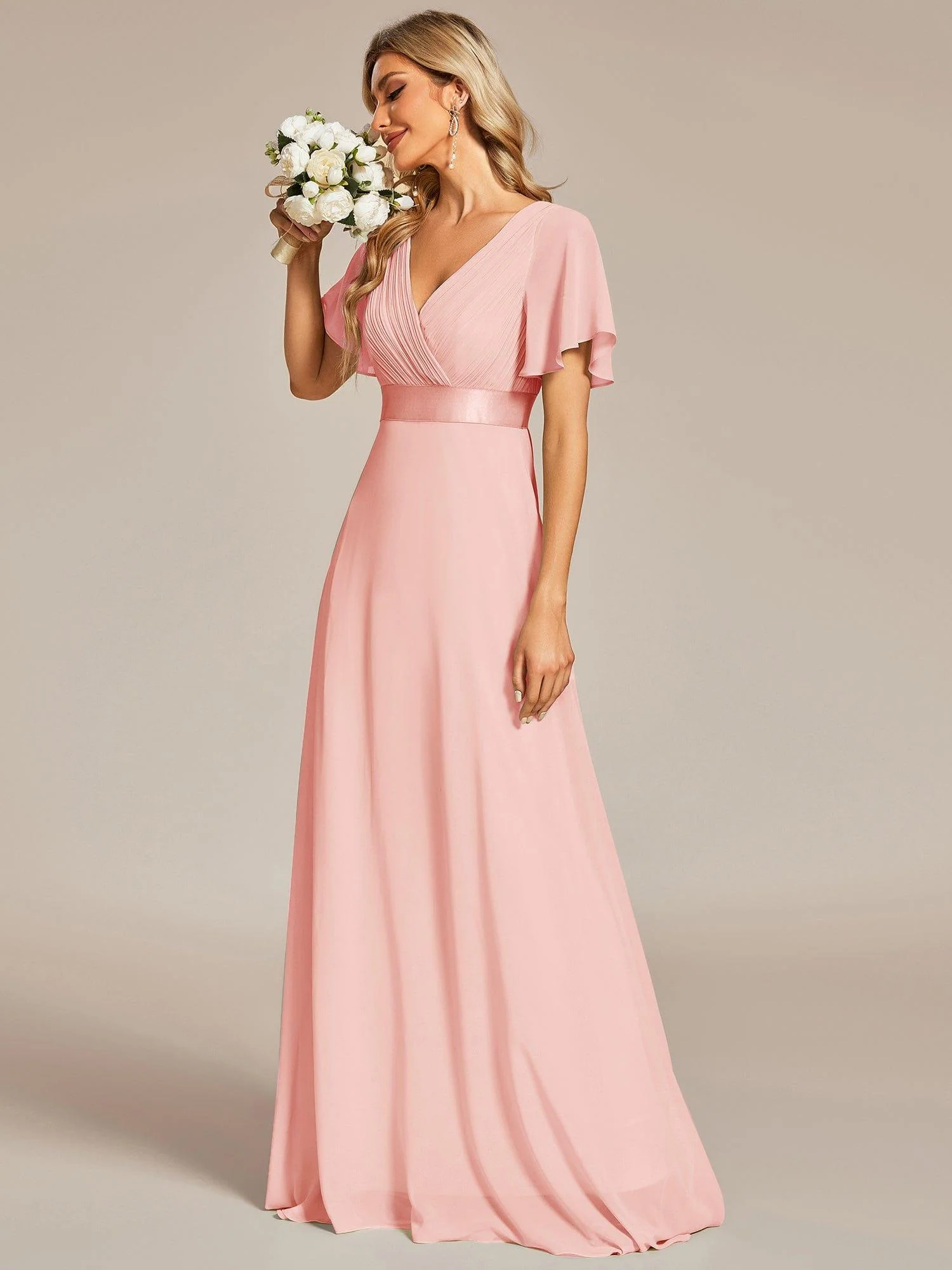 ever MONICA|High Waist Maxi Chiffon Bridesmaid Dress with Short Sleeves - Image 85