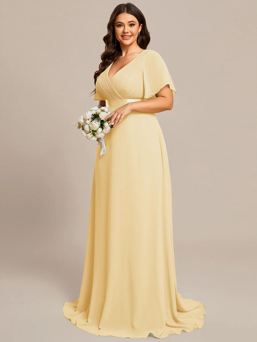 pretty MONICA|Plus Size Long Empire Waist Bridesmaid Dress with Short Flutter Sleeves - Image 177