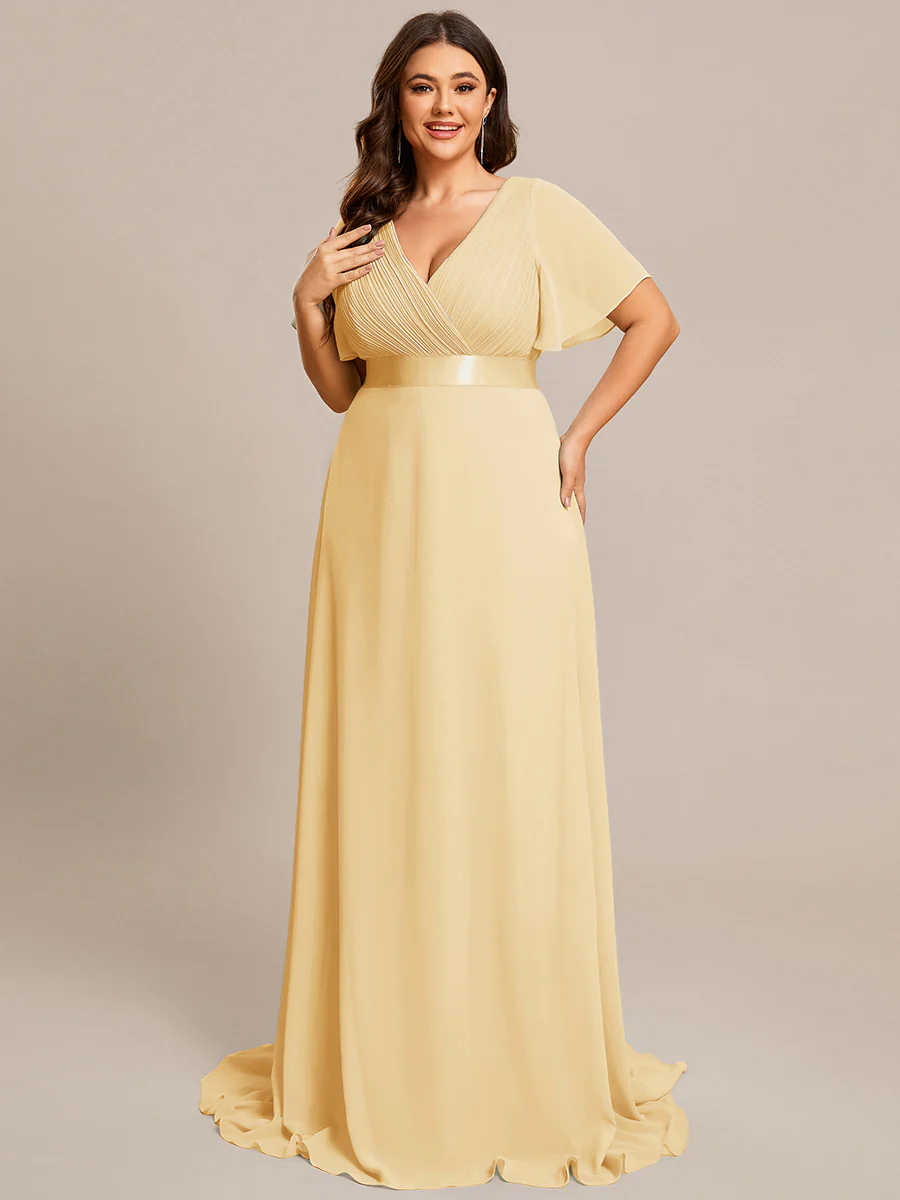 pretty MONICA|Plus Size Long Empire Waist Bridesmaid Dress with Short Flutter Sleeves - Image 180