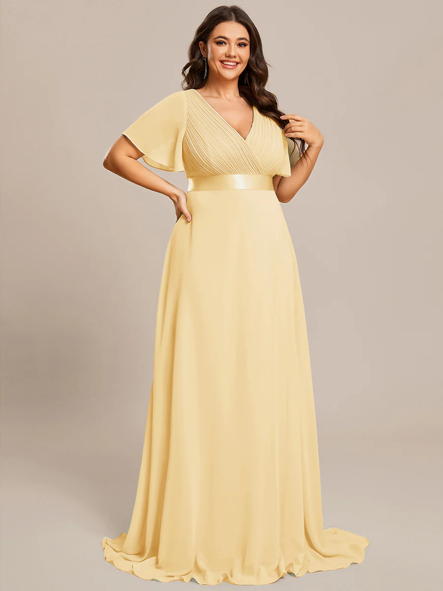 pretty MONICA|Plus Size Long Empire Waist Bridesmaid Dress with Short Flutter Sleeves - Image 181