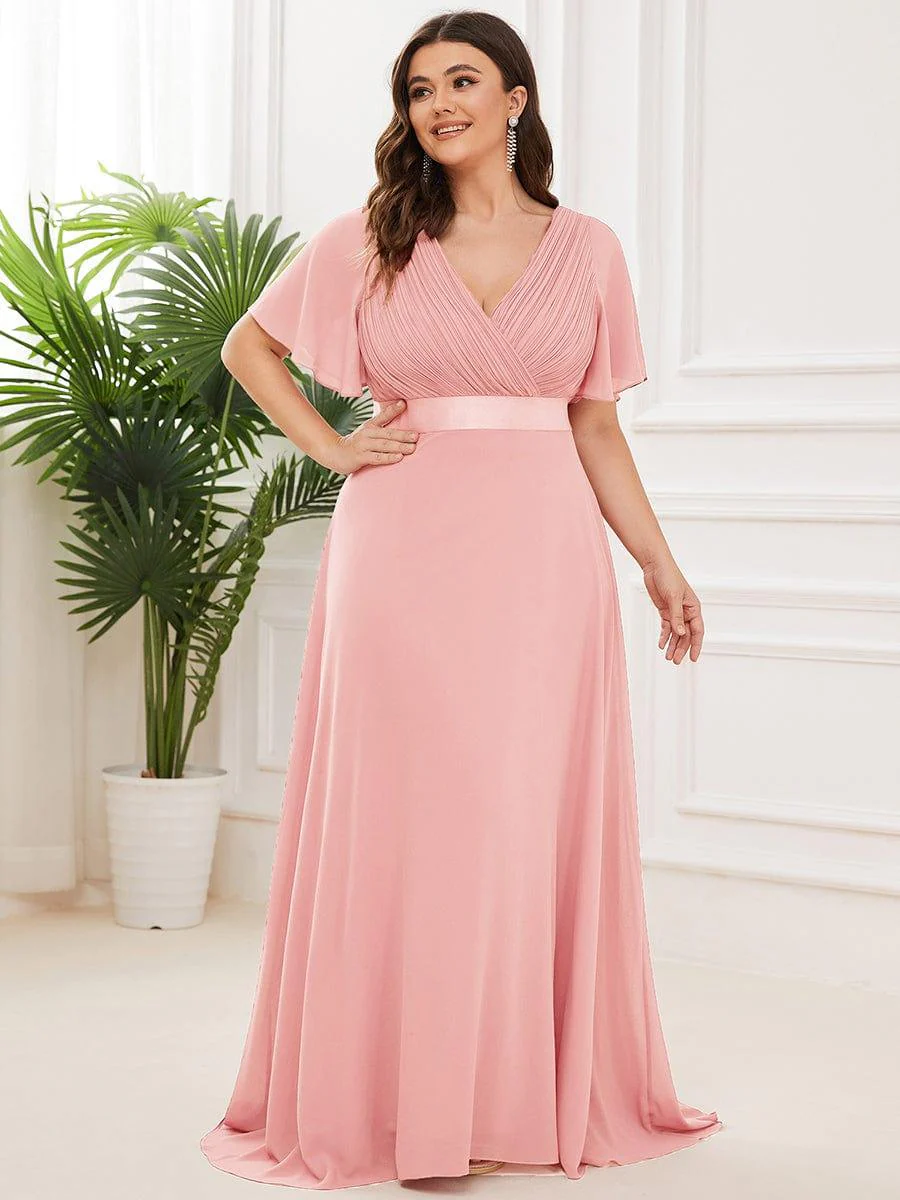 pretty MONICA|Plus Size Long Empire Waist Bridesmaid Dress with Short Flutter Sleeves - Image 10