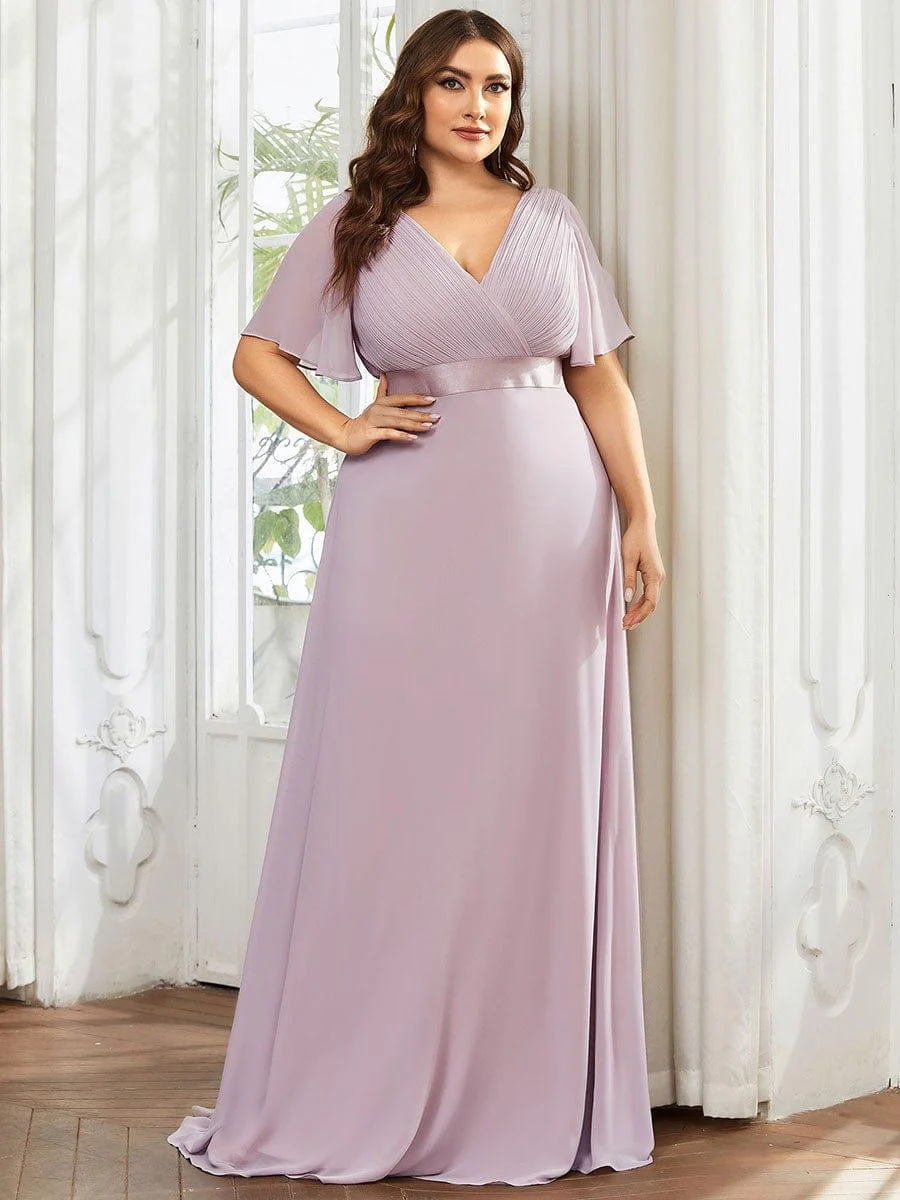 pretty MONICA|Plus Size Long Empire Waist Bridesmaid Dress with Short Flutter Sleeves - Image 100