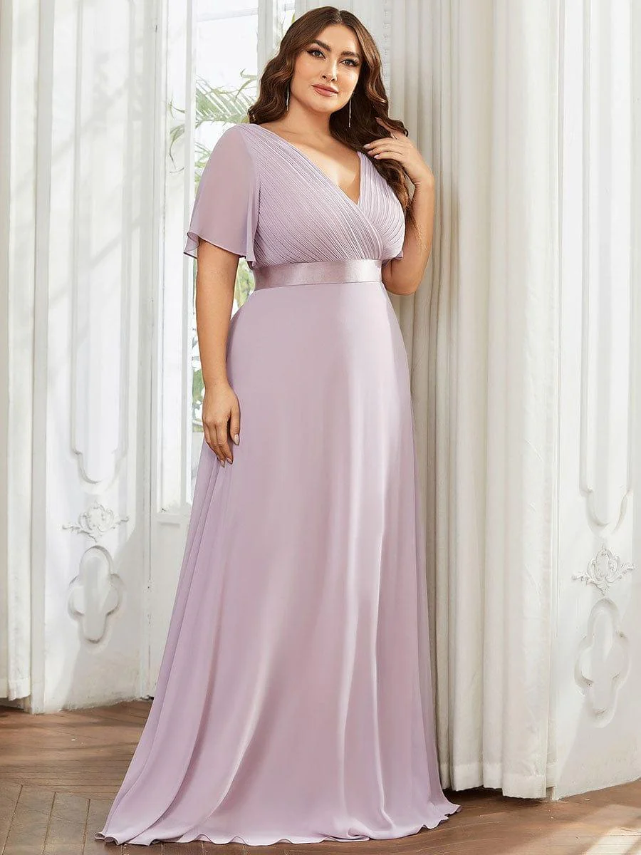 pretty MONICA|Plus Size Long Empire Waist Bridesmaid Dress with Short Flutter Sleeves - Image 103