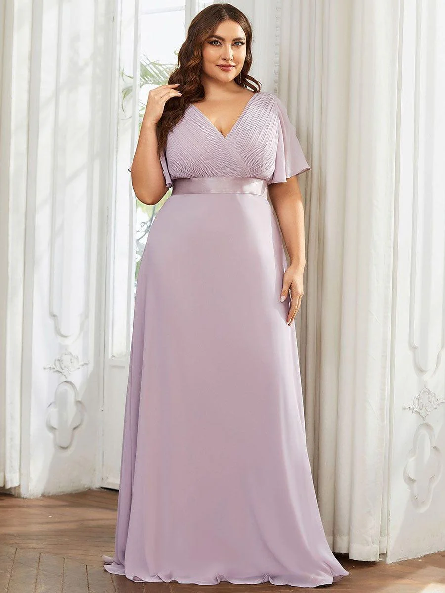 pretty MONICA|Plus Size Long Empire Waist Bridesmaid Dress with Short Flutter Sleeves - Image 104