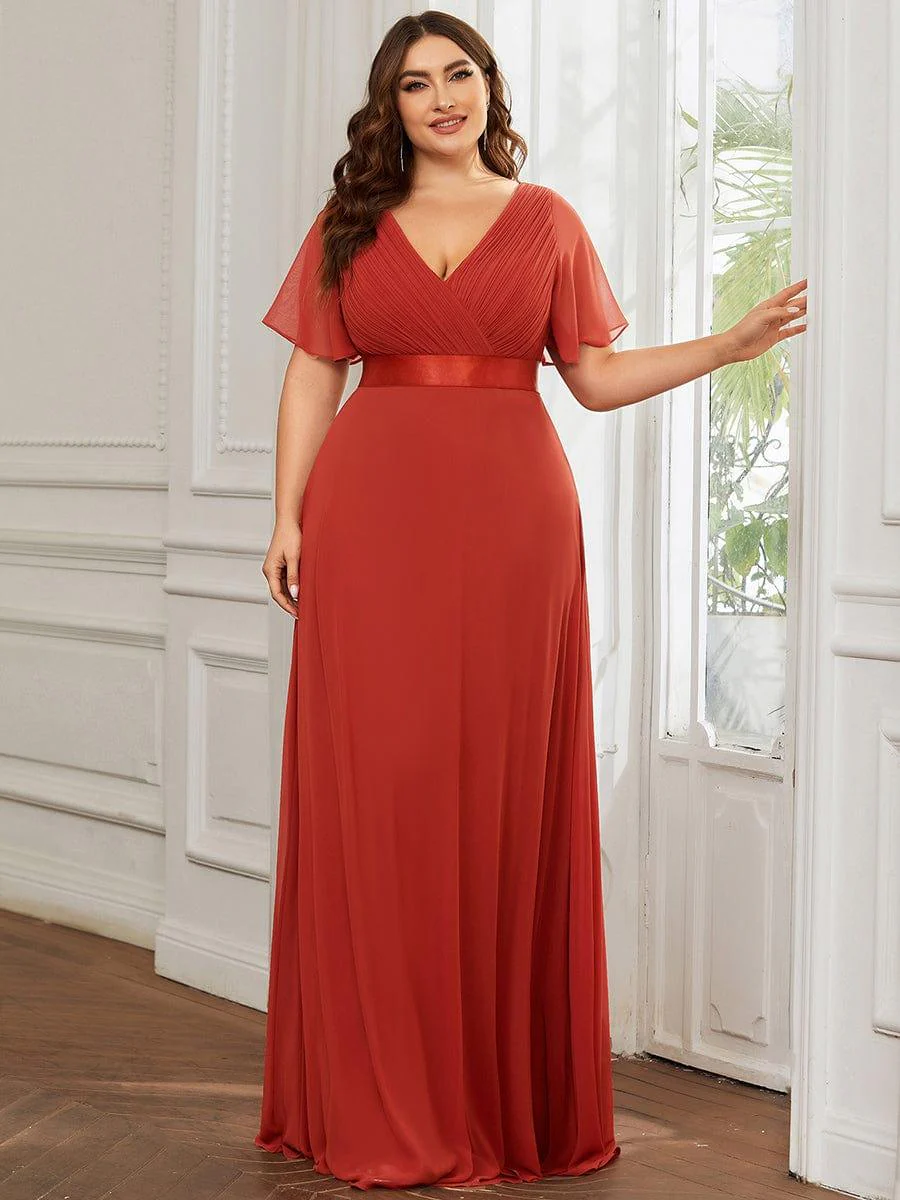 pretty MONICA|Plus Size Long Empire Waist Bridesmaid Dress with Short Flutter Sleeves - Image 105