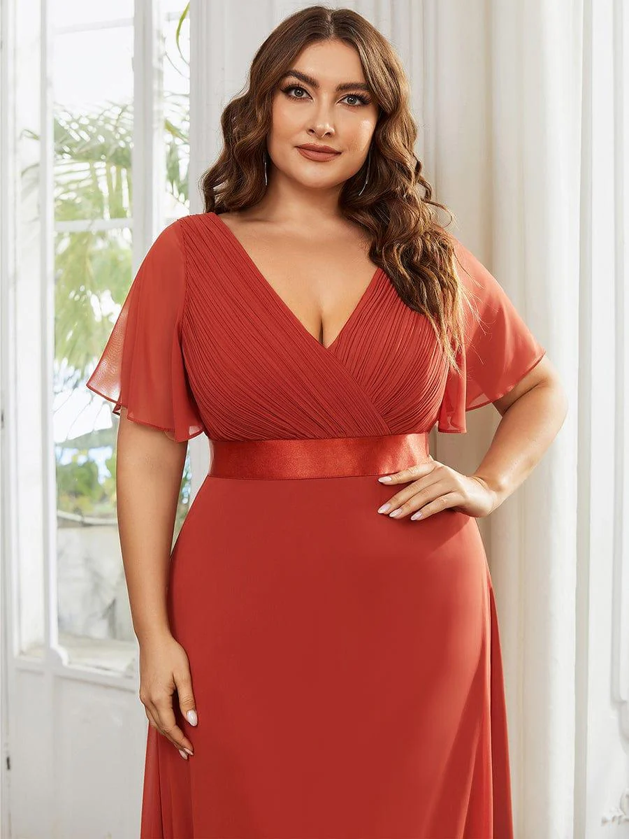 pretty MONICA|Plus Size Long Empire Waist Bridesmaid Dress with Short Flutter Sleeves - Image 107