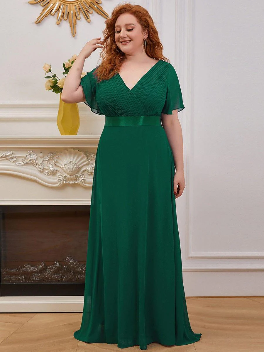 pretty MONICA|Plus Size Long Empire Waist Bridesmaid Dress with Short Flutter Sleeves - Image 11