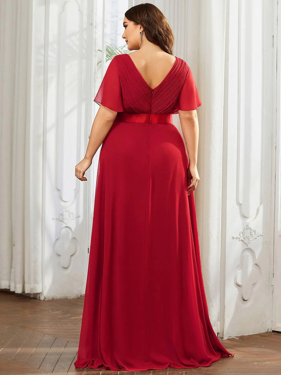 pretty MONICA|Plus Size Long Empire Waist Bridesmaid Dress with Short Flutter Sleeves - Image 111