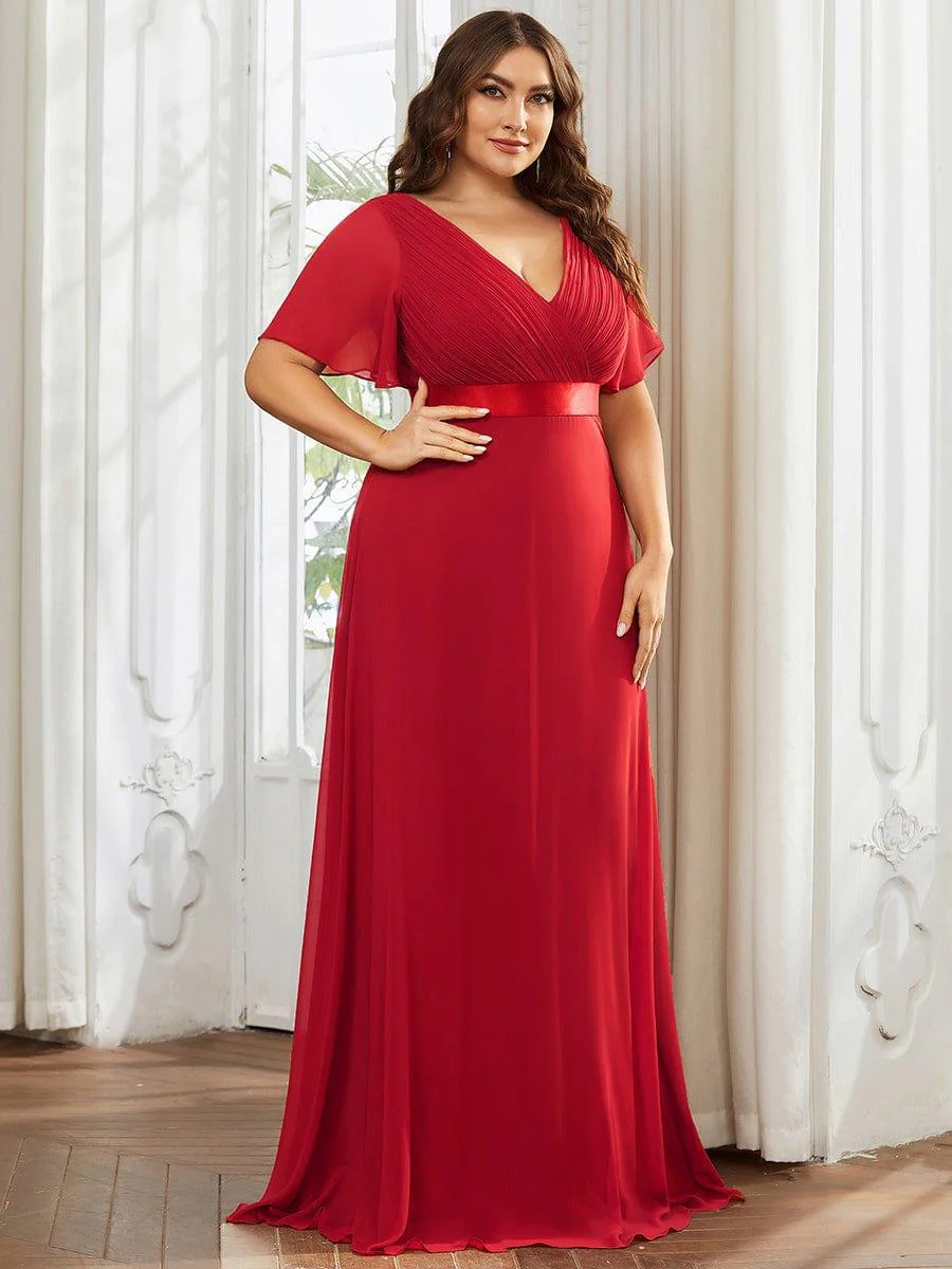 pretty MONICA|Plus Size Long Empire Waist Bridesmaid Dress with Short Flutter Sleeves - Image 113