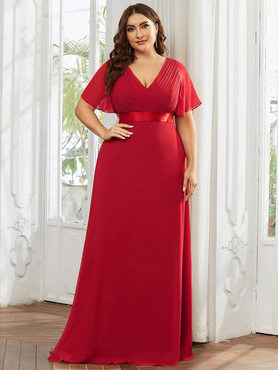 pretty MONICA|Plus Size Long Empire Waist Bridesmaid Dress with Short Flutter Sleeves - Image 114