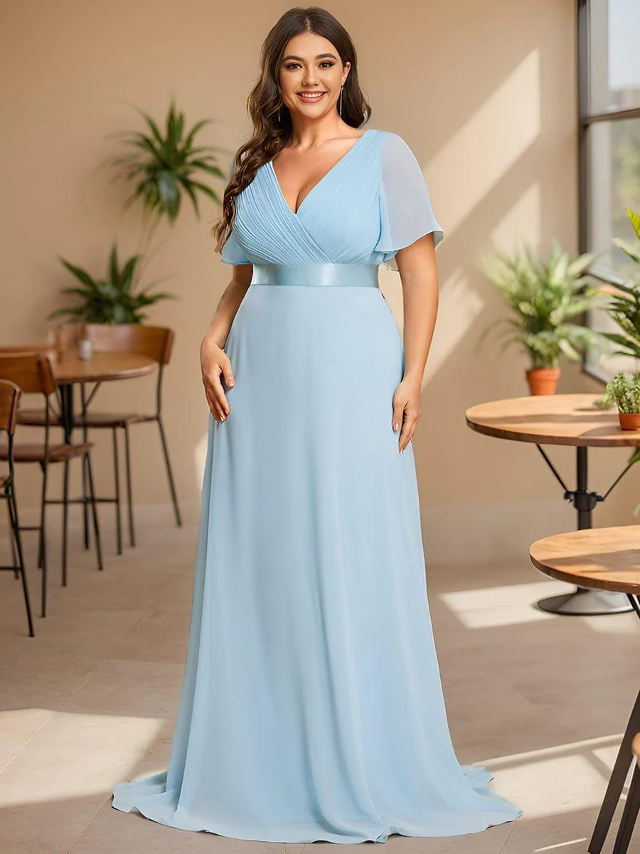 pretty MONICA|Plus Size Long Empire Waist Bridesmaid Dress with Short Flutter Sleeves - Image 115