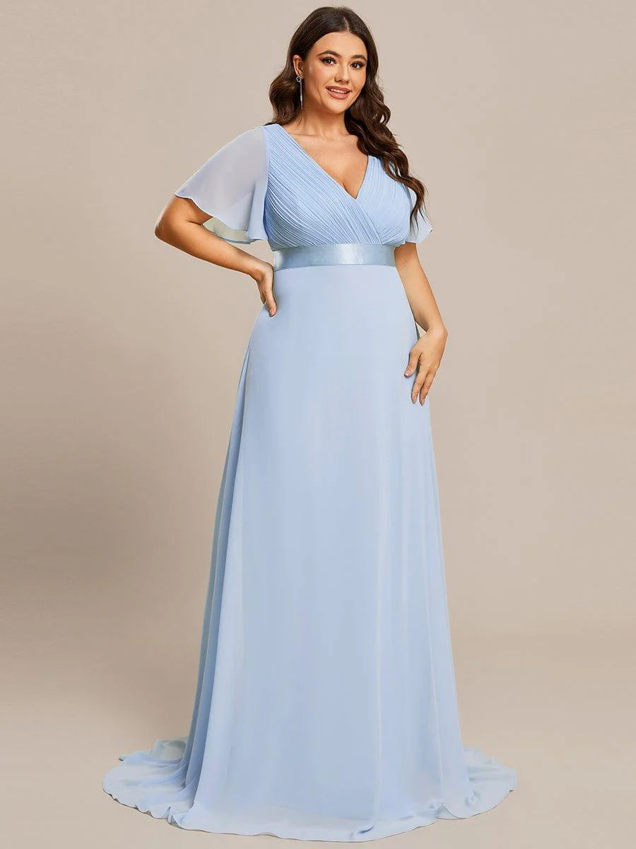 pretty MONICA|Plus Size Long Empire Waist Bridesmaid Dress with Short Flutter Sleeves - Image 132