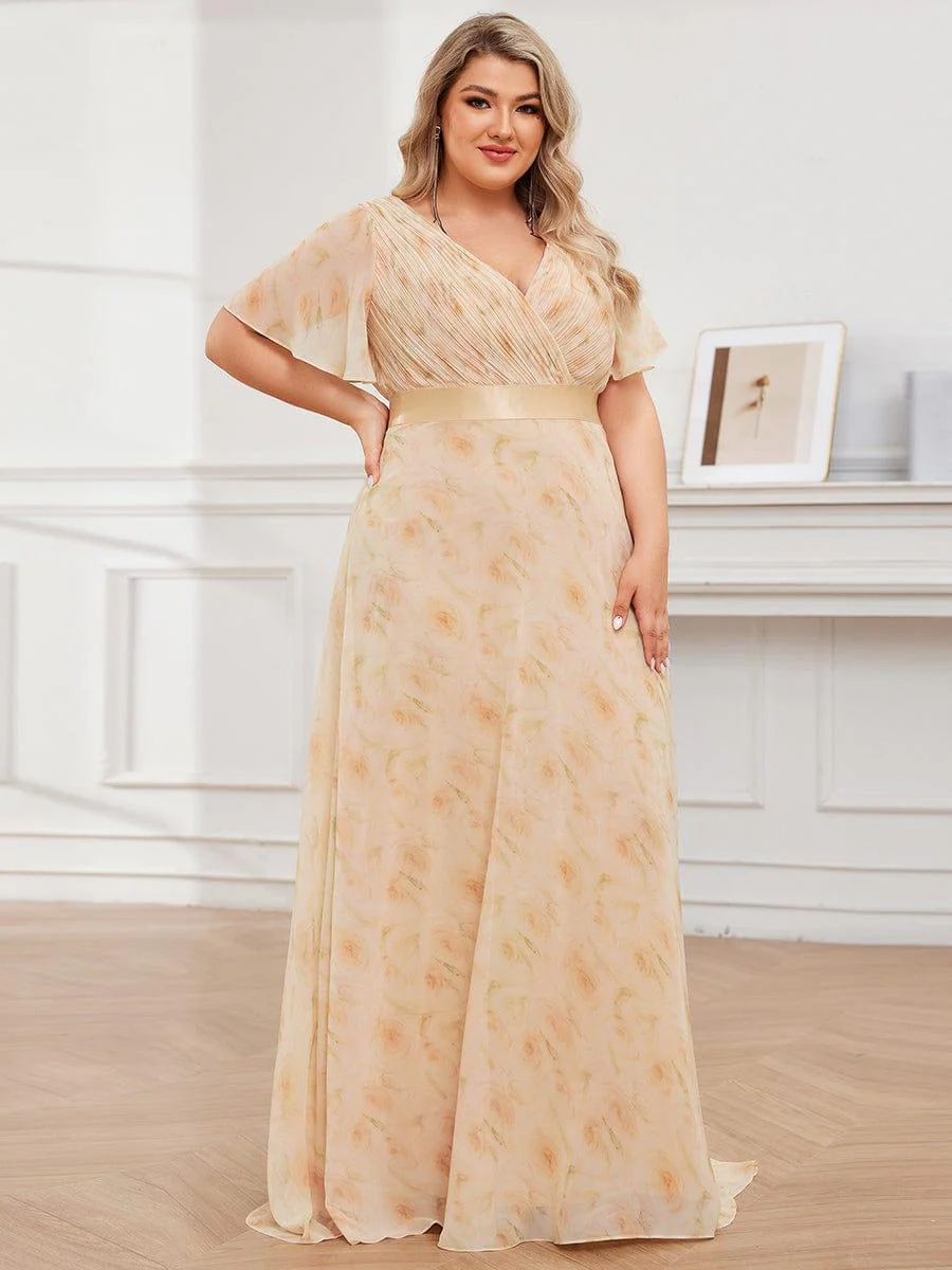 pretty MONICA|Plus Size Long Empire Waist Bridesmaid Dress with Short Flutter Sleeves - Image 137