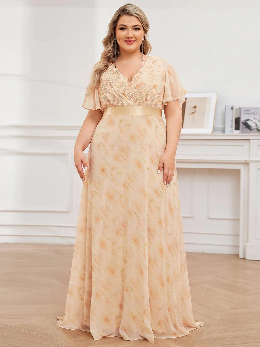 pretty MONICA|Plus Size Long Empire Waist Bridesmaid Dress with Short Flutter Sleeves - Image 140
