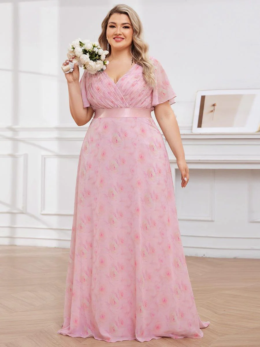 pretty MONICA|Plus Size Long Empire Waist Bridesmaid Dress with Short Flutter Sleeves - Image 147