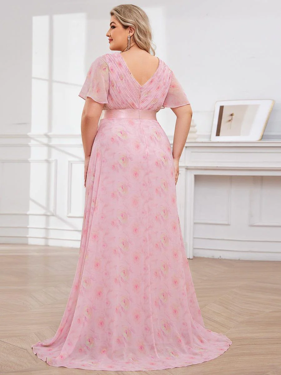 pretty MONICA|Plus Size Long Empire Waist Bridesmaid Dress with Short Flutter Sleeves - Image 148