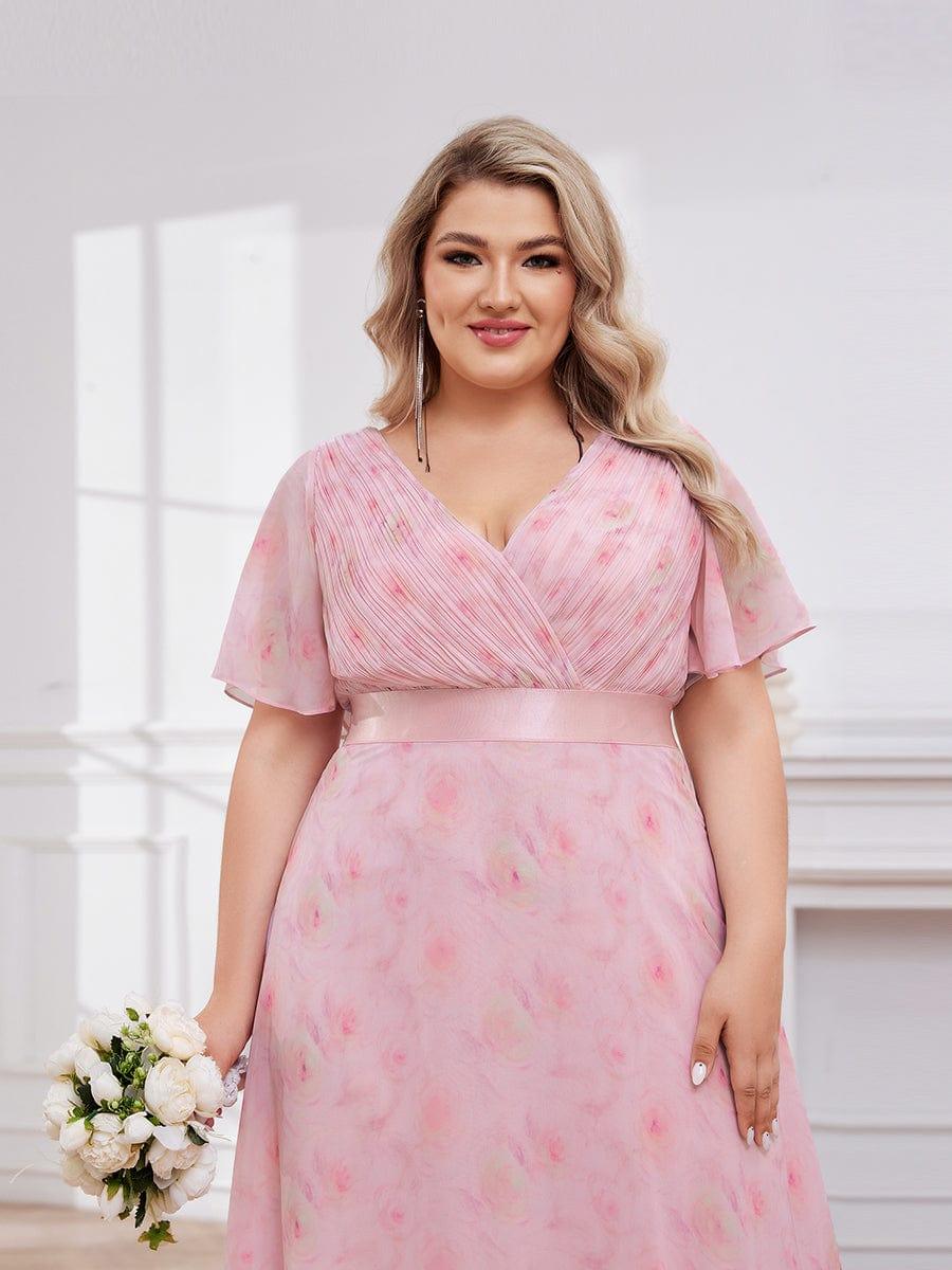 pretty MONICA|Plus Size Long Empire Waist Bridesmaid Dress with Short Flutter Sleeves - Image 149