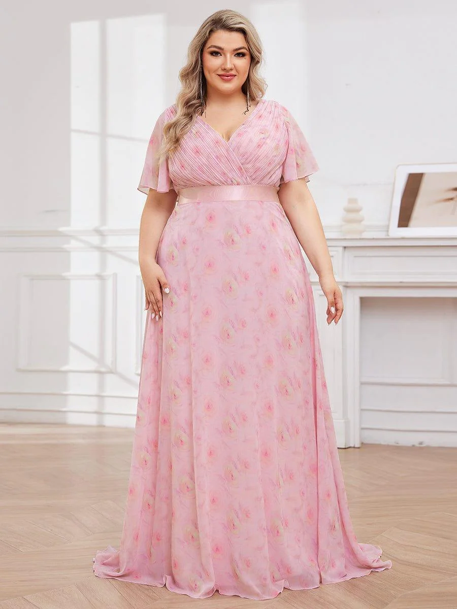 pretty MONICA|Plus Size Long Empire Waist Bridesmaid Dress with Short Flutter Sleeves - Image 151