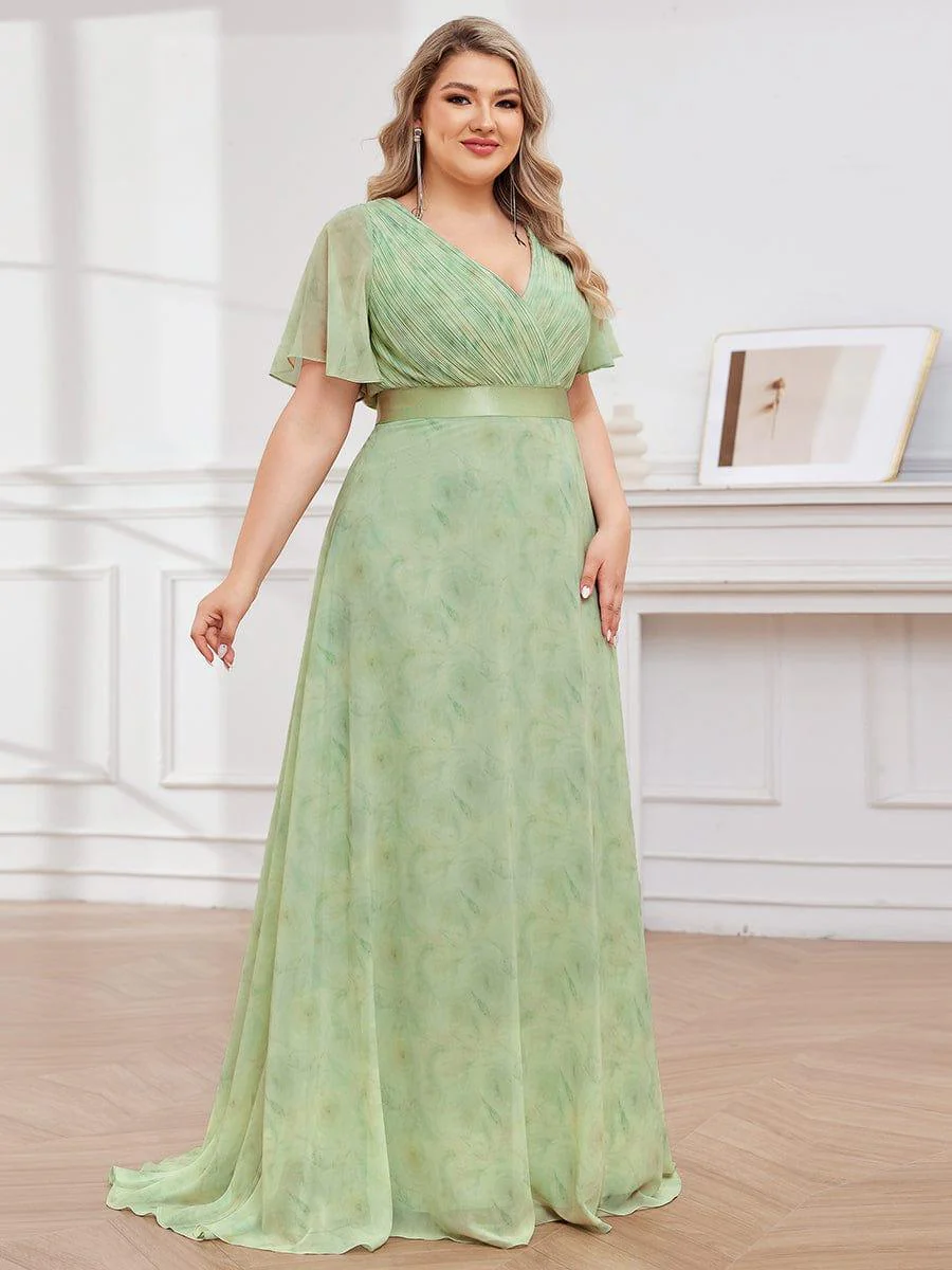 pretty MONICA|Plus Size Long Empire Waist Bridesmaid Dress with Short Flutter Sleeves - Image 156
