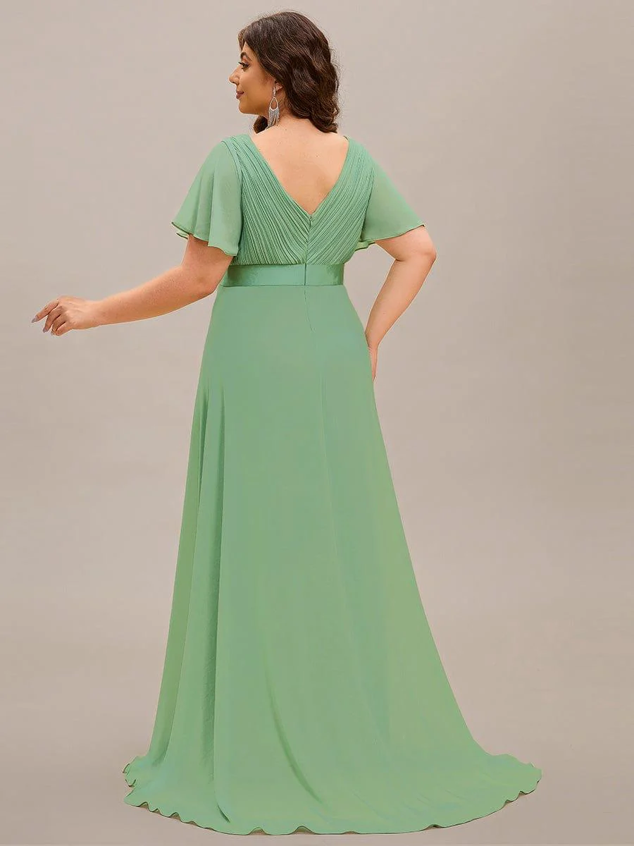 pretty MONICA|Plus Size Long Empire Waist Bridesmaid Dress with Short Flutter Sleeves - Image 158