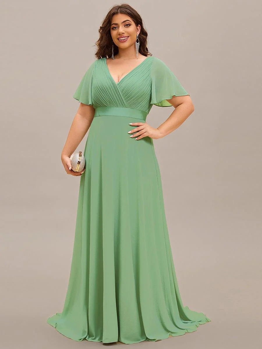 pretty MONICA|Plus Size Long Empire Waist Bridesmaid Dress with Short Flutter Sleeves - Image 161