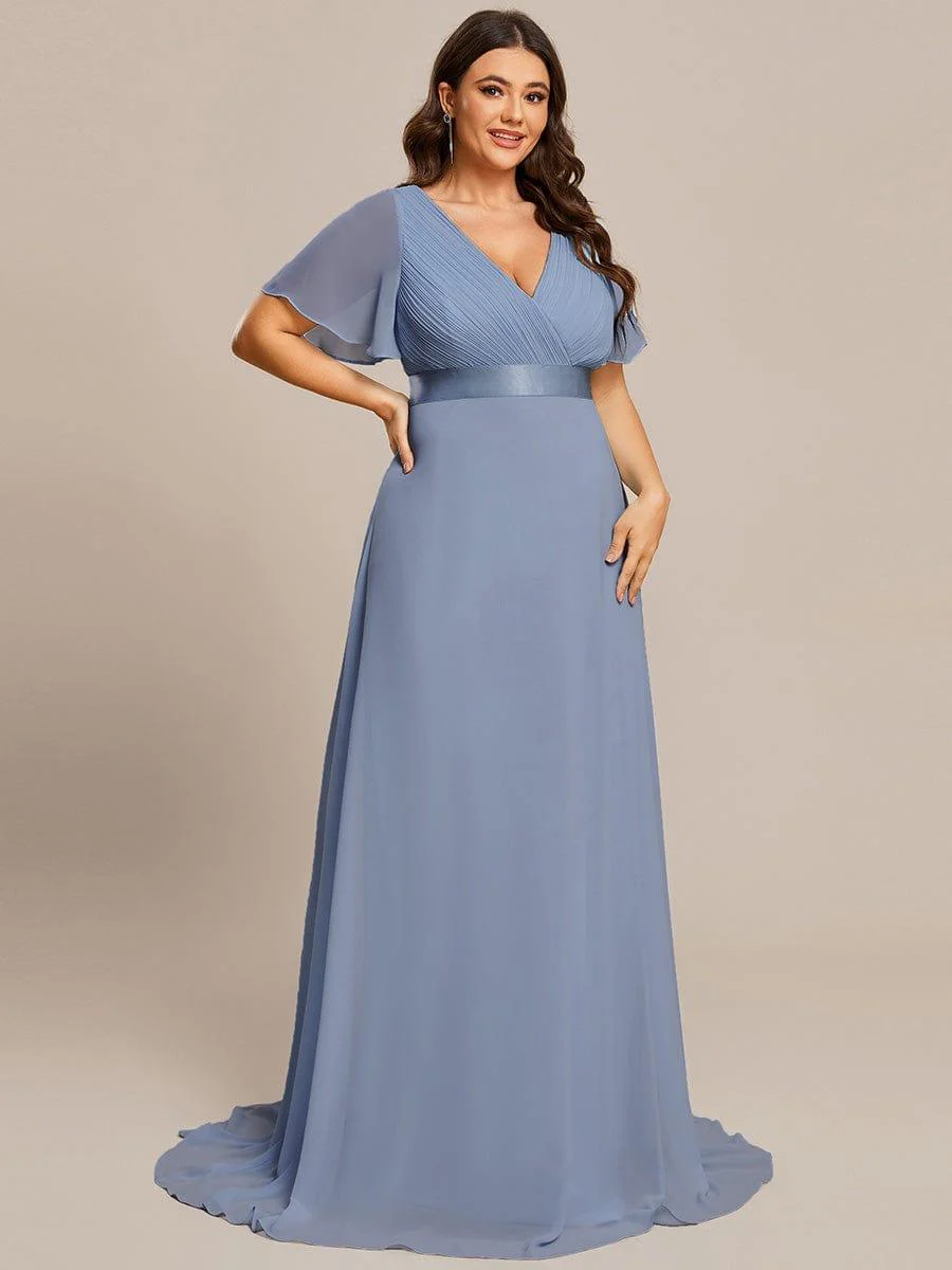 pretty MONICA|Plus Size Long Empire Waist Bridesmaid Dress with Short Flutter Sleeves - Image 165