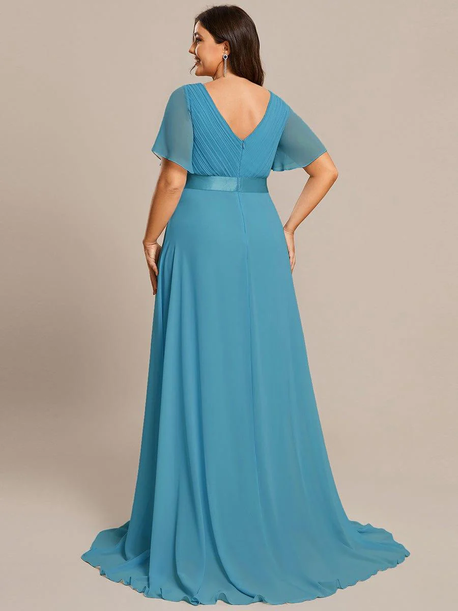 pretty MONICA|Plus Size Long Empire Waist Bridesmaid Dress with Short Flutter Sleeves - Image 168