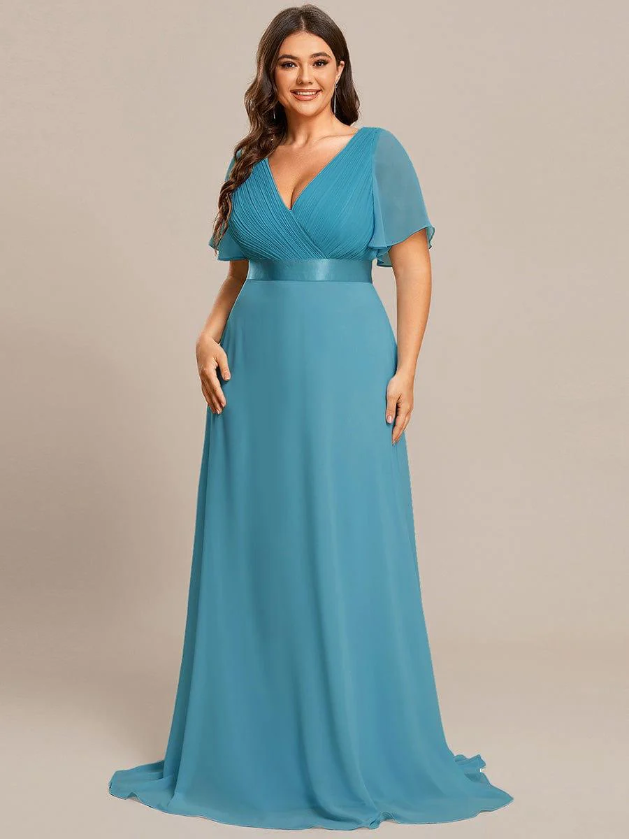 pretty MONICA|Plus Size Long Empire Waist Bridesmaid Dress with Short Flutter Sleeves - Image 171
