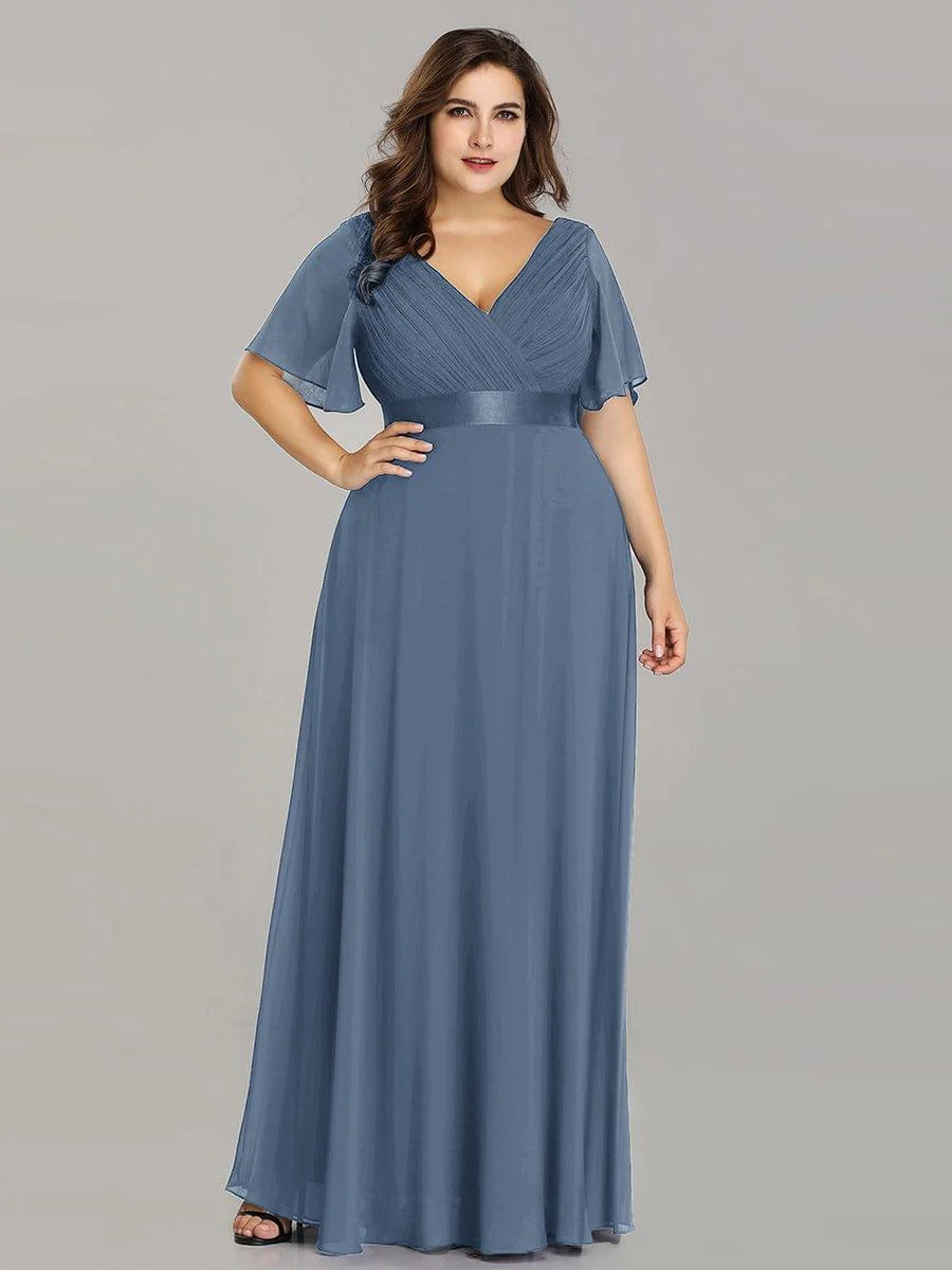 pretty MONICA|Plus Size Long Empire Waist Bridesmaid Dress with Short Flutter Sleeves - Image 172