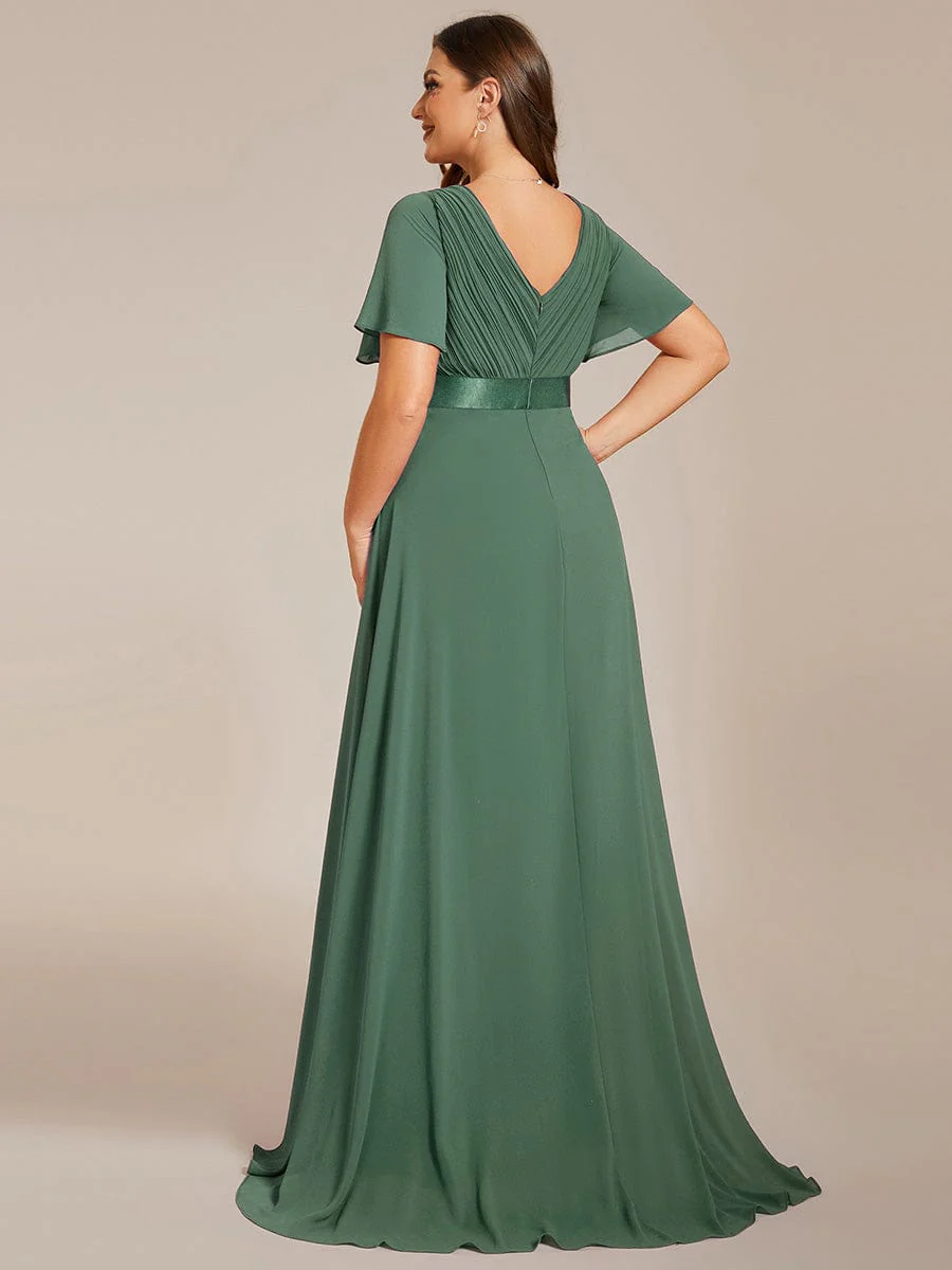 pretty MONICA|Plus Size Long Empire Waist Bridesmaid Dress with Short Flutter Sleeves - Image 183
