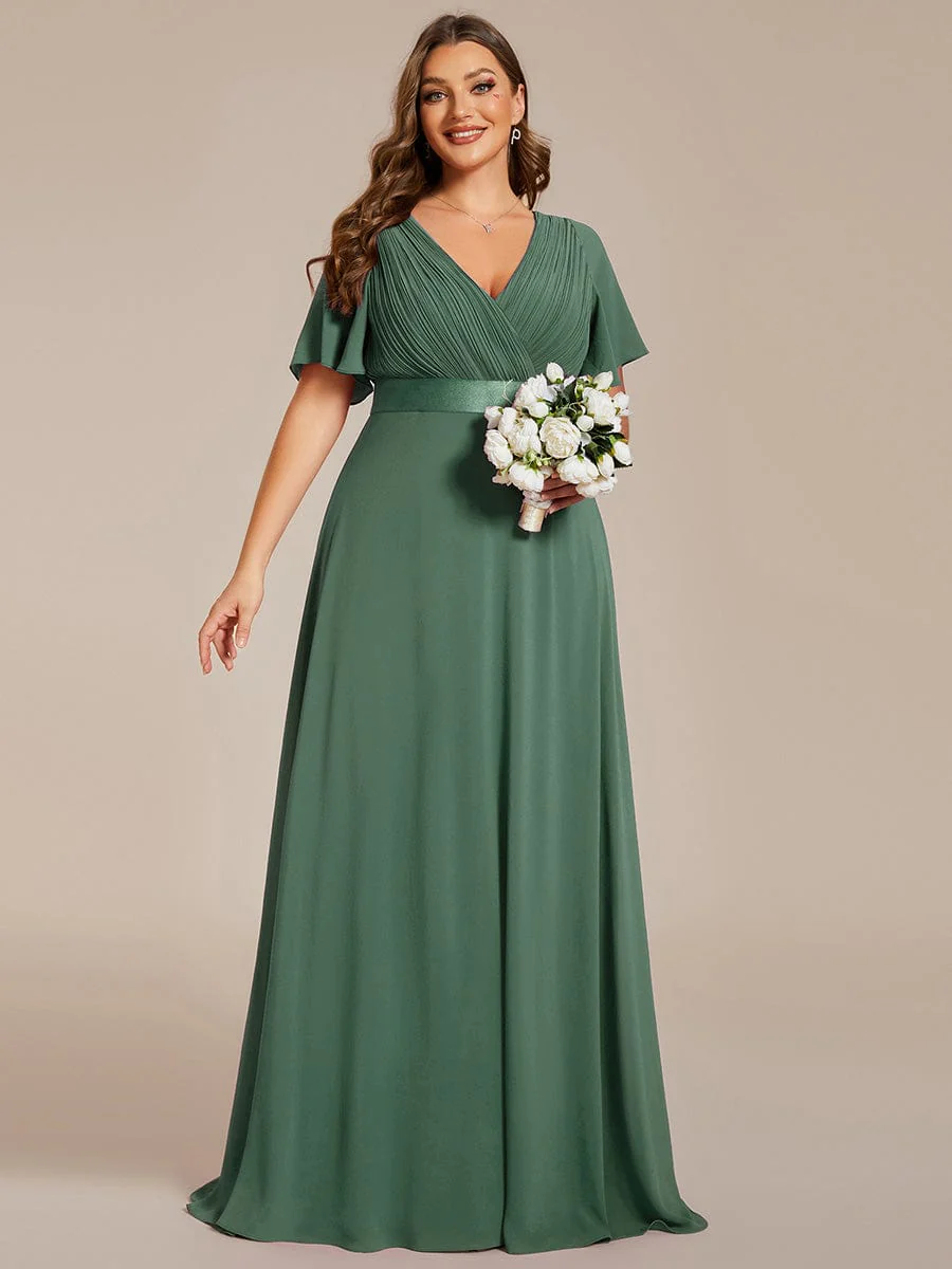 pretty MONICA|Plus Size Long Empire Waist Bridesmaid Dress with Short Flutter Sleeves - Image 184