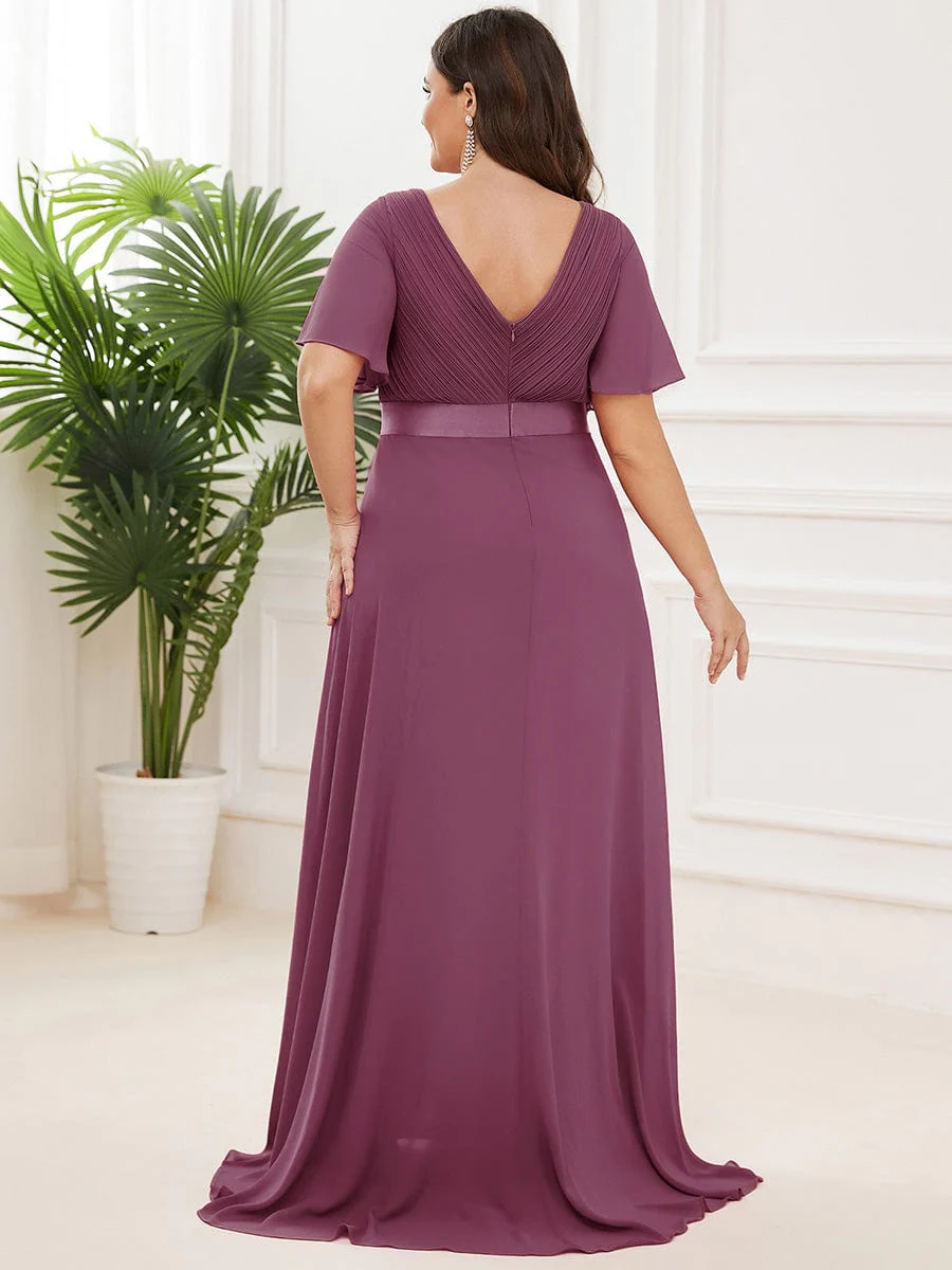 pretty MONICA|Plus Size Long Empire Waist Bridesmaid Dress with Short Flutter Sleeves - Image 187