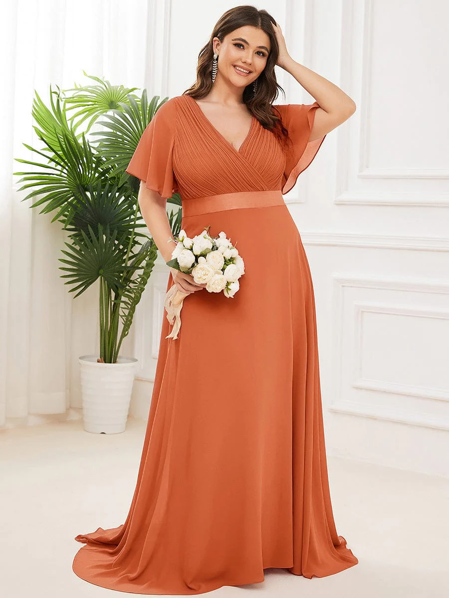pretty MONICA|Plus Size Long Empire Waist Bridesmaid Dress with Short Flutter Sleeves - Image 191