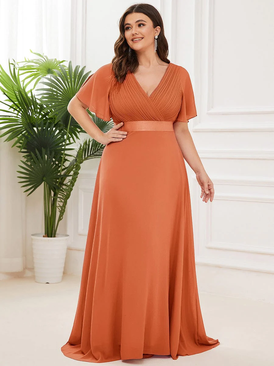 pretty MONICA|Plus Size Long Empire Waist Bridesmaid Dress with Short Flutter Sleeves - Image 194
