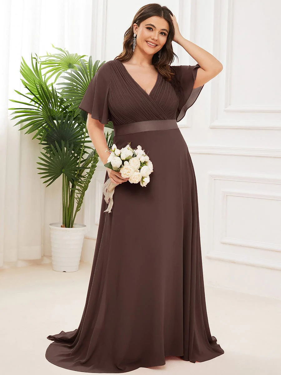pretty MONICA|Plus Size Long Empire Waist Bridesmaid Dress with Short Flutter Sleeves - Image 196
