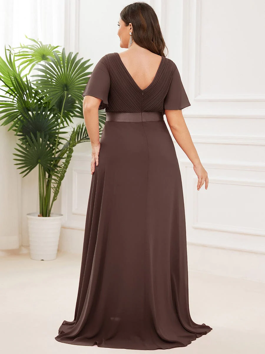 pretty MONICA|Plus Size Long Empire Waist Bridesmaid Dress with Short Flutter Sleeves - Image 197