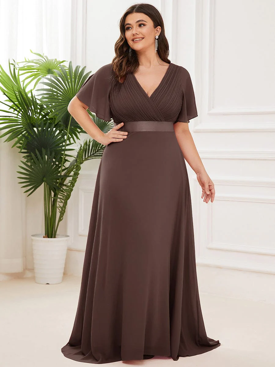 pretty MONICA|Plus Size Long Empire Waist Bridesmaid Dress with Short Flutter Sleeves - Image 199